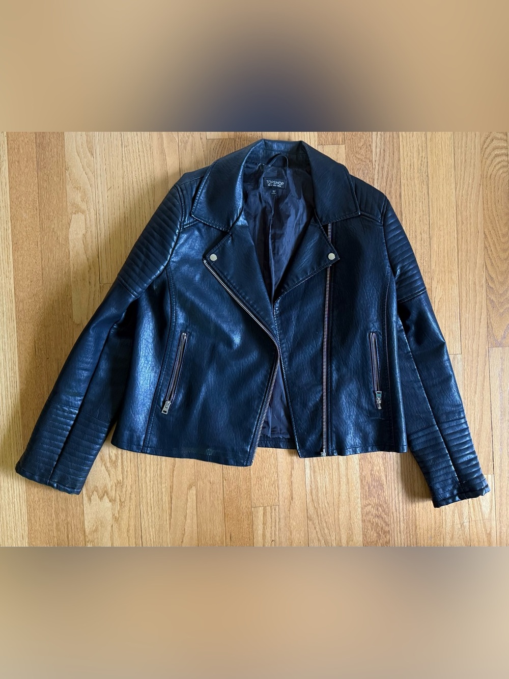 Topshop Black Faux Leather Moto Jacket with Quilted Sleeves, Size 12